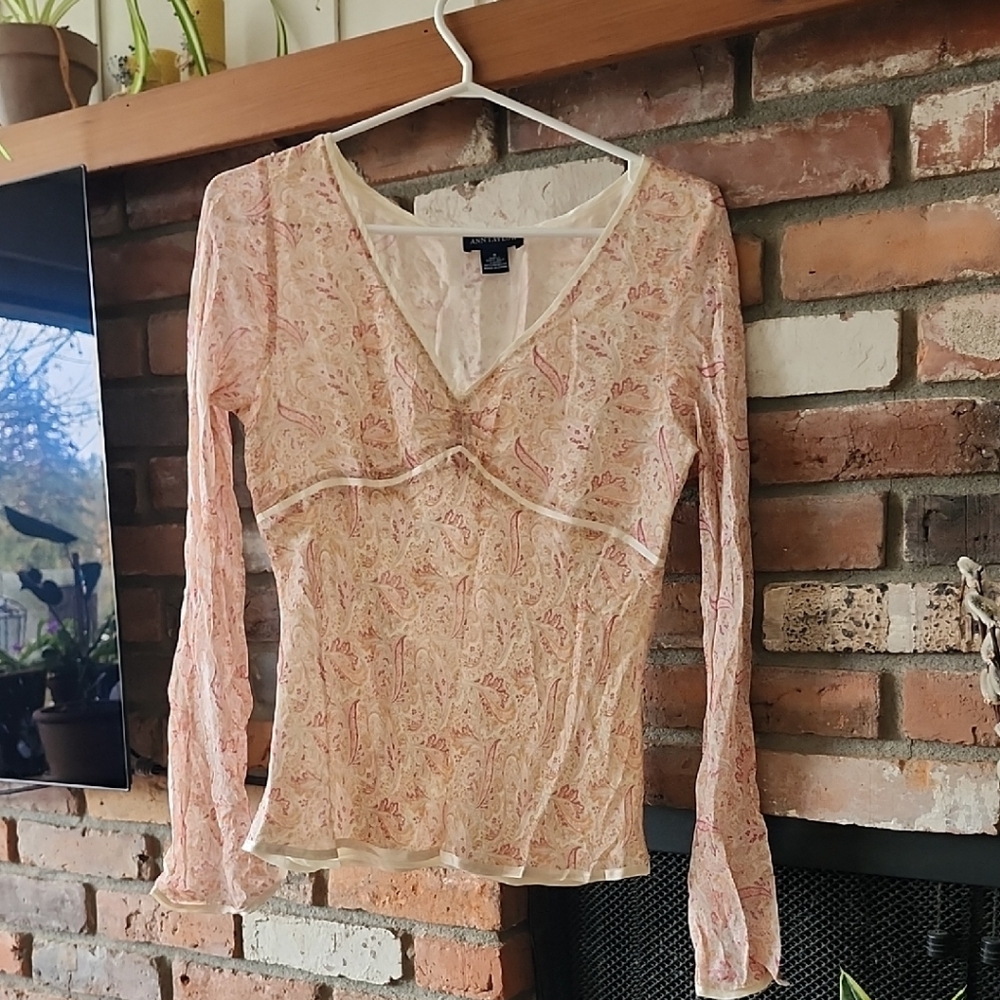 Ann Taylor Cream and Pink Lace V-Neck Blouse